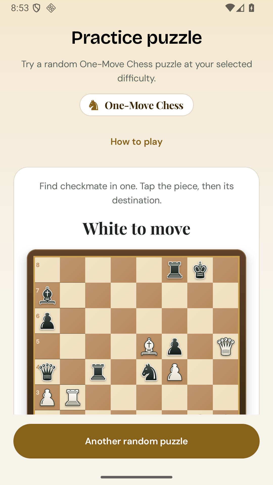 PuzzleGate chess practice screen showing a mate-in-one puzzle